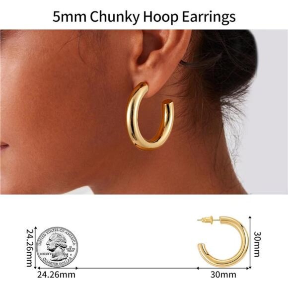Chunky Gold Hoop Earrings for Women 14K Real Gold Plated, 925 Sterling Silver - Picture 4 of 7